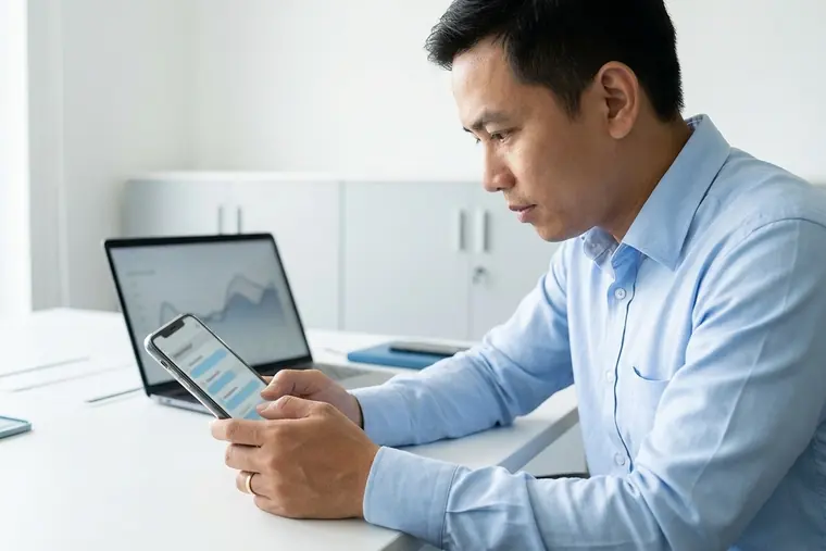 Chủ doanh nghiệp Việt Nam xem kết quả tìm kiếm trên điện thoại tại văn phòng