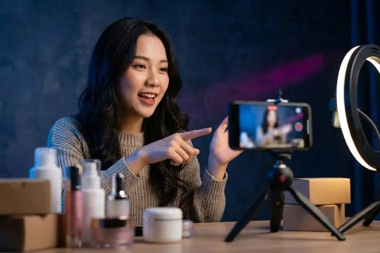 Người sáng tạo nội dung quay video bán hàng bằng điện thoại và đèn vòng