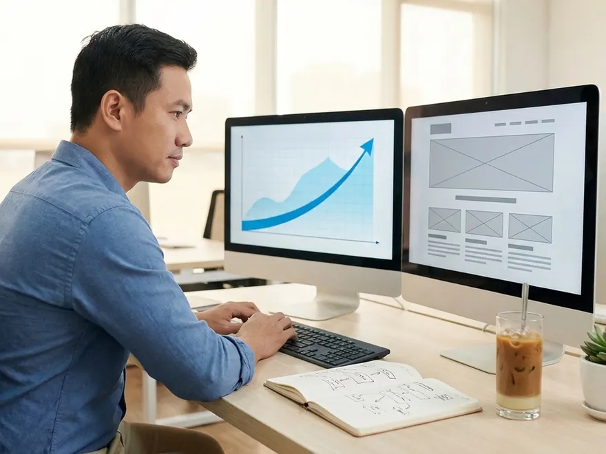 Chuyên viên SEO xem biểu đồ tăng trưởng và sơ đồ bố cục website trên hai màn hình